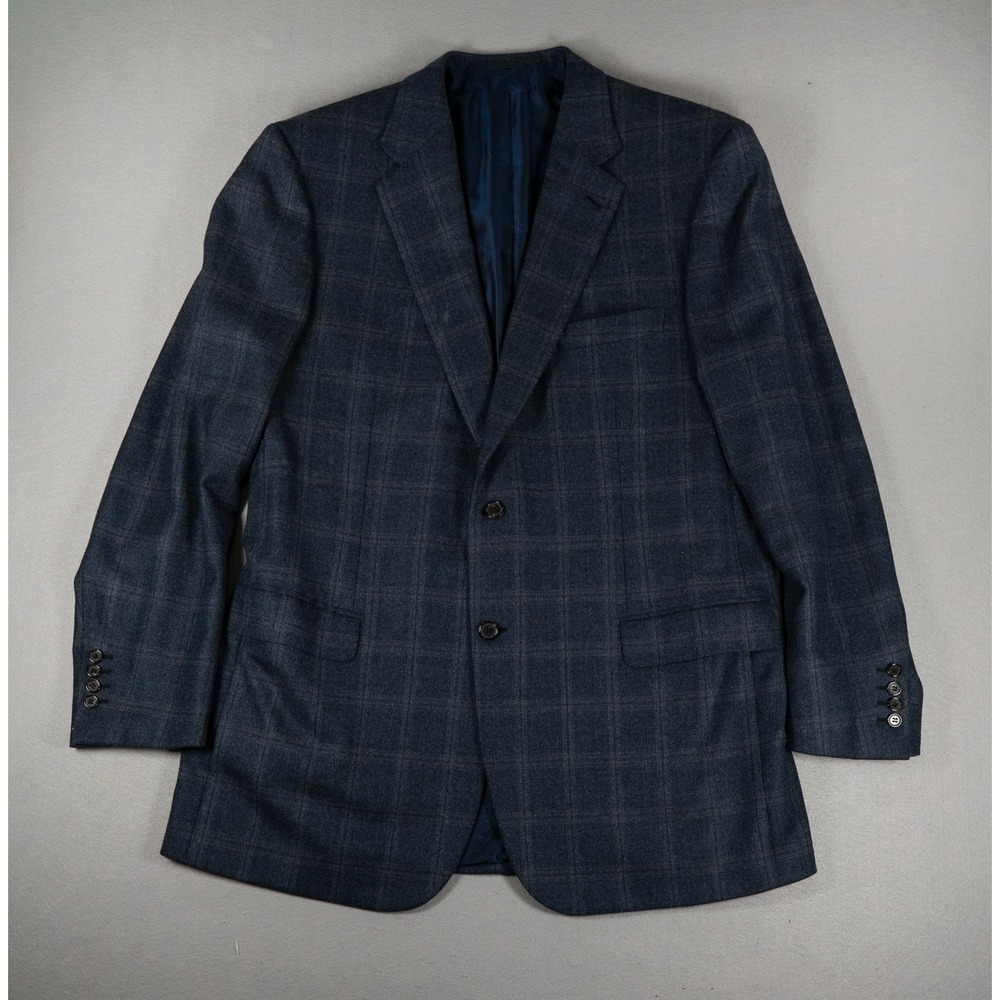 Brioni Mens Blazer Parlamento Plaid Wool Navy Blue 46L Italian Sport Coat